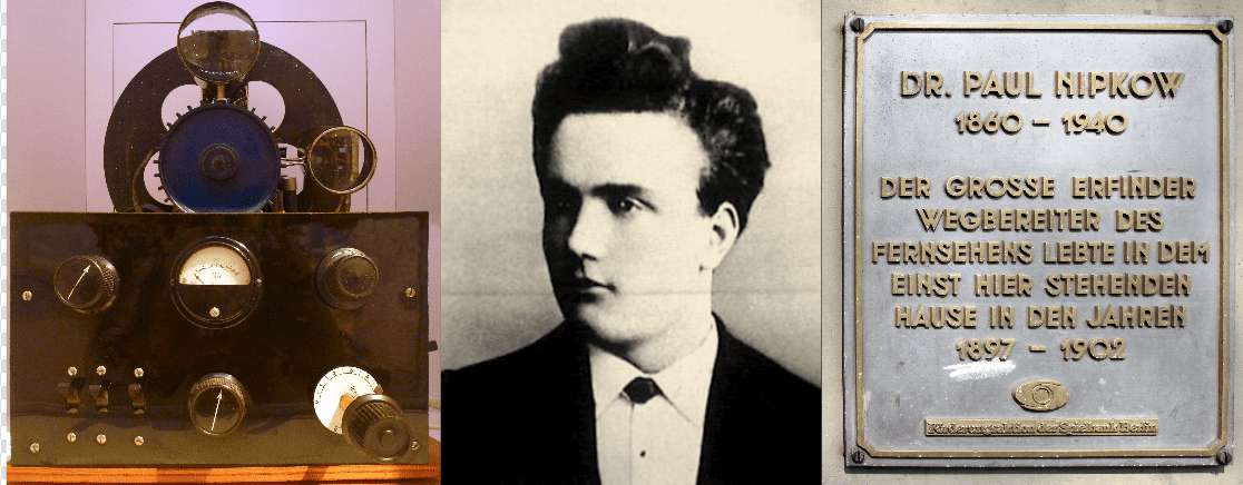Mecanismo del disco de Nipkow junto al retrato del joven Paul Nipkow y su placa conmemorativa en Berlín.