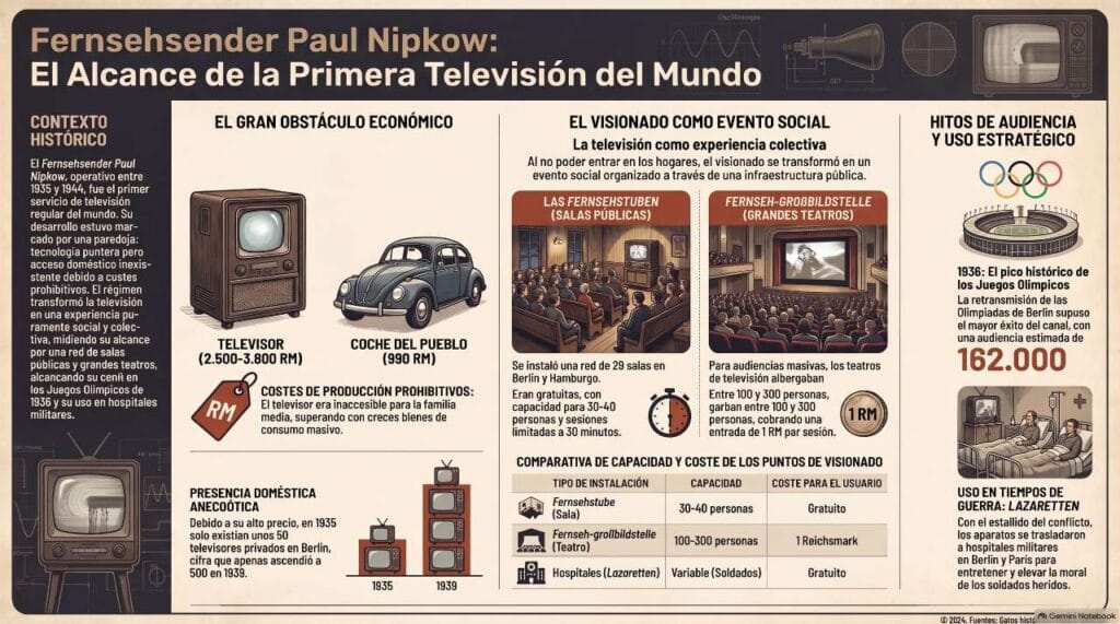 Infografía del Fernsehsender Paul Nipkow con textos explicativos, gráficos de televisores, salas públicas e hitos como Berlín 1936.