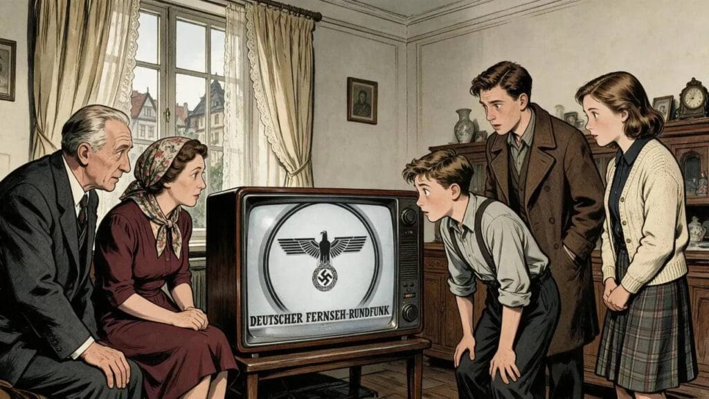 Familia reunida en un salón observando un televisor con la insignia del Reichsadler y la frase Deutscher Fernseh-Rundfunk.