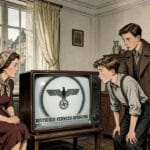 Familia reunida en un salón observando un televisor con la insignia del Reichsadler y la frase Deutscher Fernseh-Rundfunk.