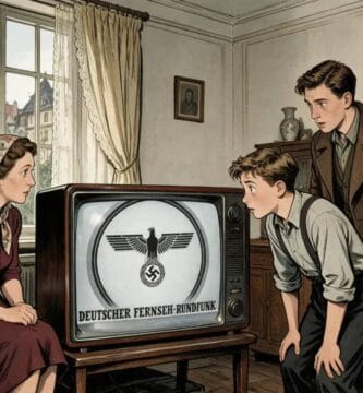 Familia reunida en un salón observando un televisor con la insignia del Reichsadler y la frase Deutscher Fernseh-Rundfunk.