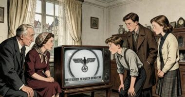 Familia reunida en un salón observando un televisor con la insignia del Reichsadler y la frase Deutscher Fernseh-Rundfunk.