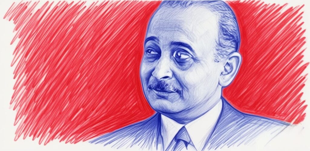 Ilustracion a boligrafo azul de Josef Hans Lazar sobre un fondo rojo con trazos cruzados.