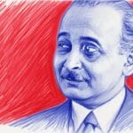 Ilustracion a boligrafo azul de Josef Hans Lazar sobre un fondo rojo con trazos cruzados.