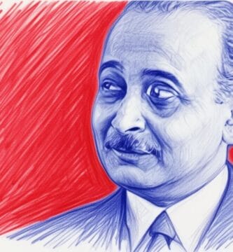 Ilustracion a boligrafo azul de Josef Hans Lazar sobre un fondo rojo con trazos cruzados.