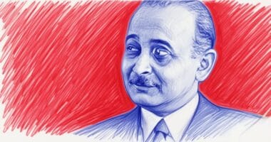Ilustracion a boligrafo azul de Josef Hans Lazar sobre un fondo rojo con trazos cruzados.