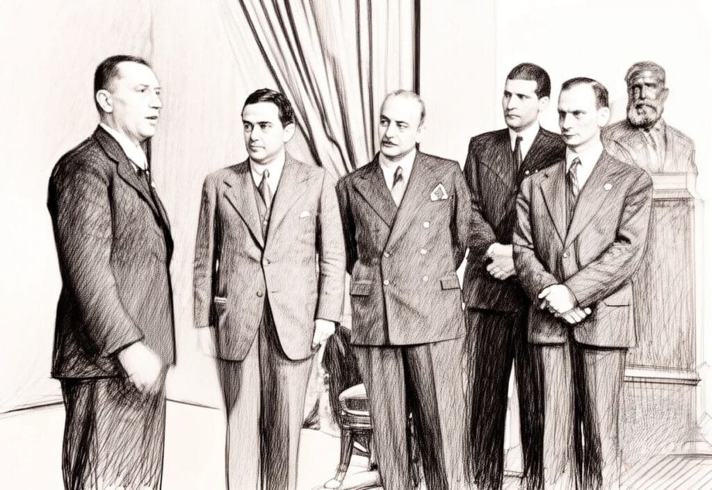 Josef Hans Lazar y otros tres hombres escuchan las palabras de agradecimiento pronunciadas por Helmut Suendermann