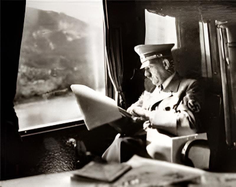 Adolf Hitler sentado en el interior de un tren leyendo documentos frente a una ventana.