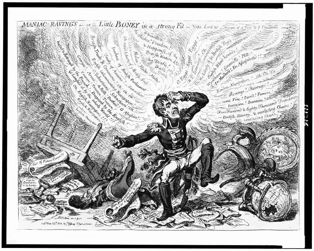 Caricatura política en blanco y negro de James Gillray mostrando a Napoleón sufriendo un ataque de rabieta.