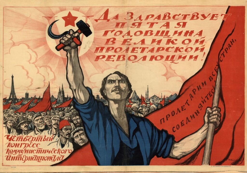 Cartel de propaganda soviética con obrero alzando hoz y martillo sobre bandera roja por el aniversario de La Internacional.