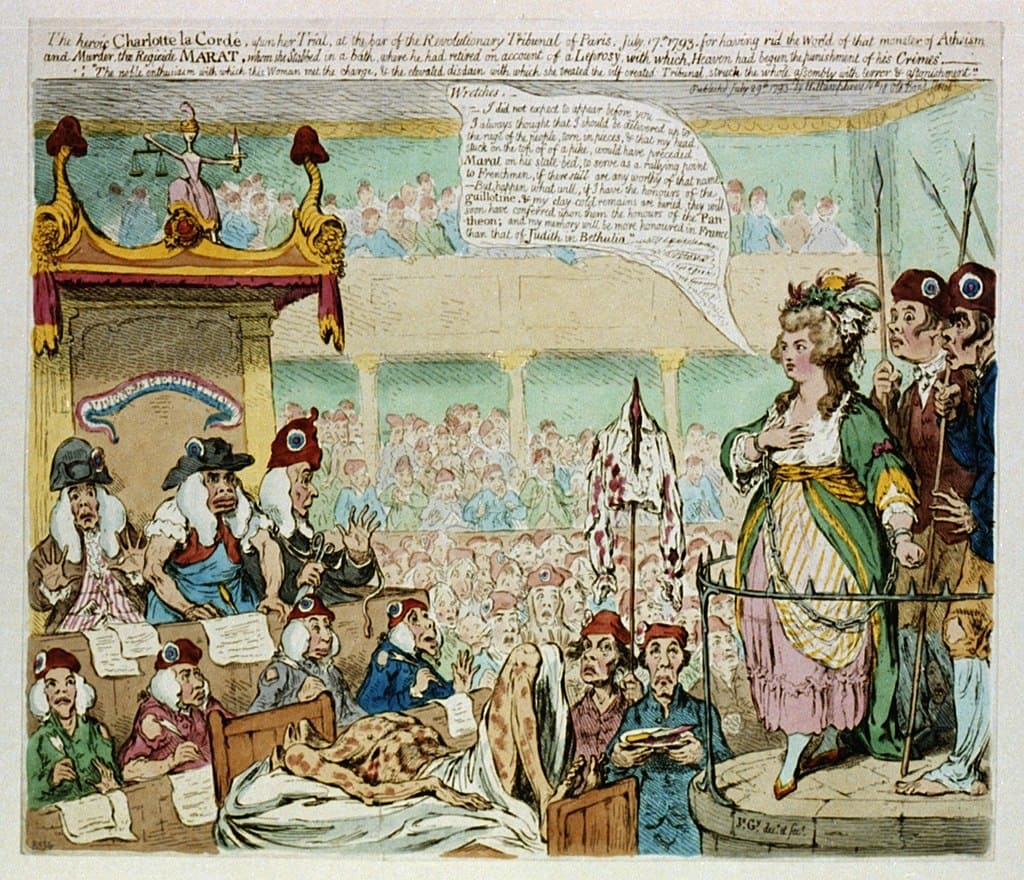 Caricatura británica en color que muestra el juicio de Charlotte Corday con el cadáver de Marat en la corte.