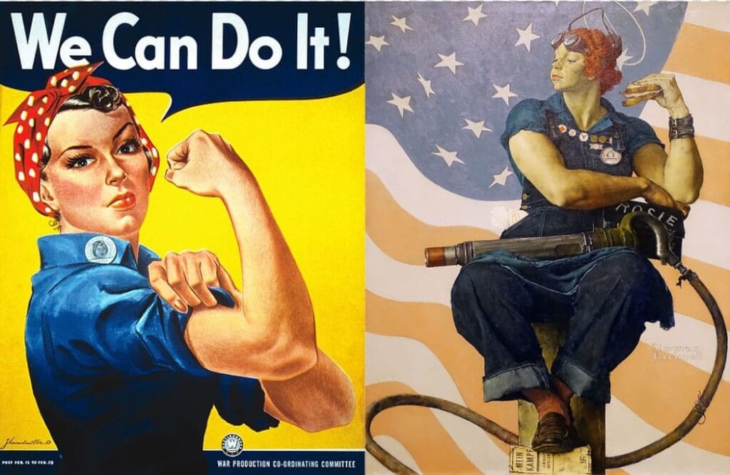 Comparativa de Rosie la remachadora: cartel We Can Do It a la izquierda e ilustracion de Norman Rockwell comiendo sobre fondo estadounidense.