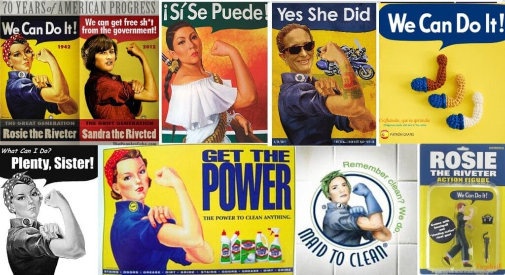 Collage de parodias de Rosie la remachadora con variaciones politicas, comerciales, muñecos de accion y amigurumis.