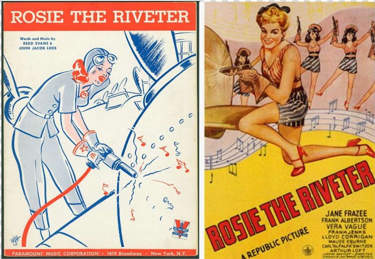 Partitura musical de Rosie the Riveter y cartel cinematográfico de Republic Pictures de 1944 con coristas.