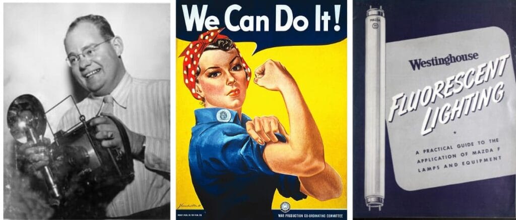 Retrato del diseñador J. Howard Miller junto al cartel We Can Do It y folleto corporativo de Westinghouse.