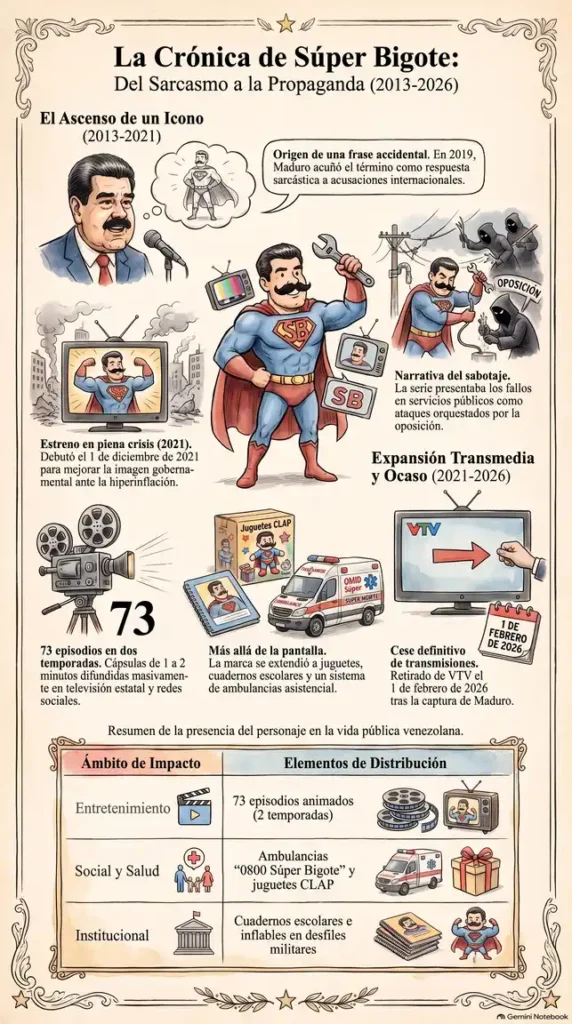 Infografía ilustrada sobre la historia, episodios y productos del personaje de propaganda Súper Bigote.