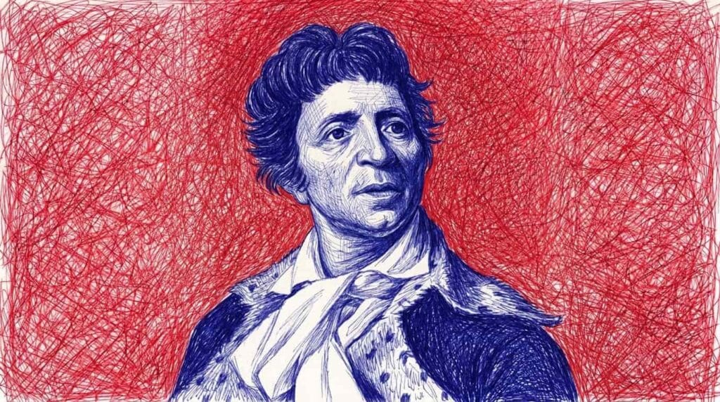 Ilustración artística en tinta azul de Jean-Paul Marat sobre un fondo tramado en color rojo intenso.