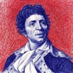 Ilustración artística en tinta azul de Jean-Paul Marat sobre un fondo tramado en color rojo intenso.