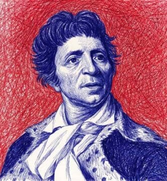 Ilustración artística en tinta azul de Jean-Paul Marat sobre un fondo tramado en color rojo intenso.