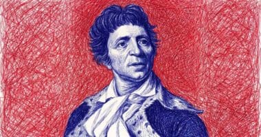 Ilustración artística en tinta azul de Jean-Paul Marat sobre un fondo tramado en color rojo intenso.
