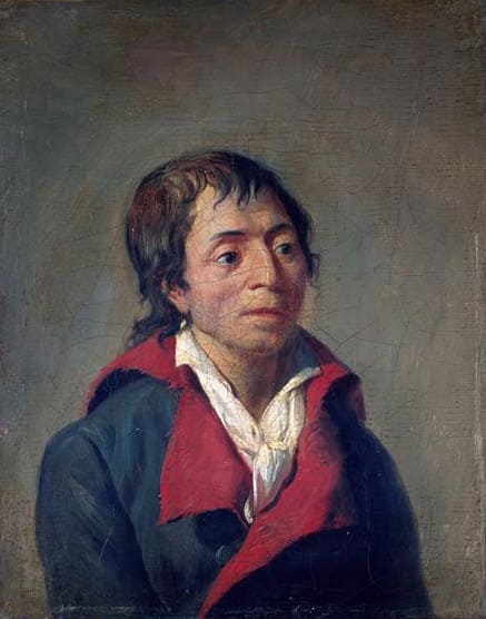 Retrato al óleo del revolucionario Jean-Paul Marat vistiendo abrigo de solapas rojas y pañuelo blanco.