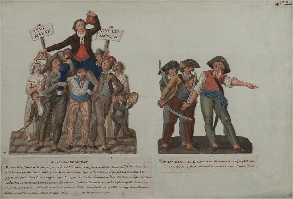 Grabado popular con partidarios de Jean-Paul Marat llevándolo a hombros mientras alzan pancartas revolucionarias.