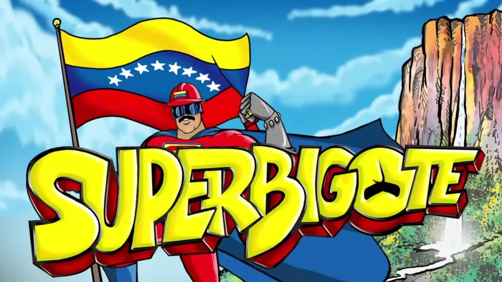 Súper Bigote posando con la bandera de Venezuela y el Salto Ángel detrás del logotipo amarillo del personaje.