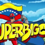 Súper Bigote posando con la bandera de Venezuela y el Salto Ángel detrás del logotipo amarillo del personaje.