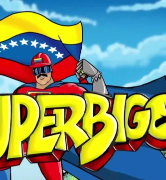 Súper Bigote posando con la bandera de Venezuela y el Salto Ángel detrás del logotipo amarillo del personaje.