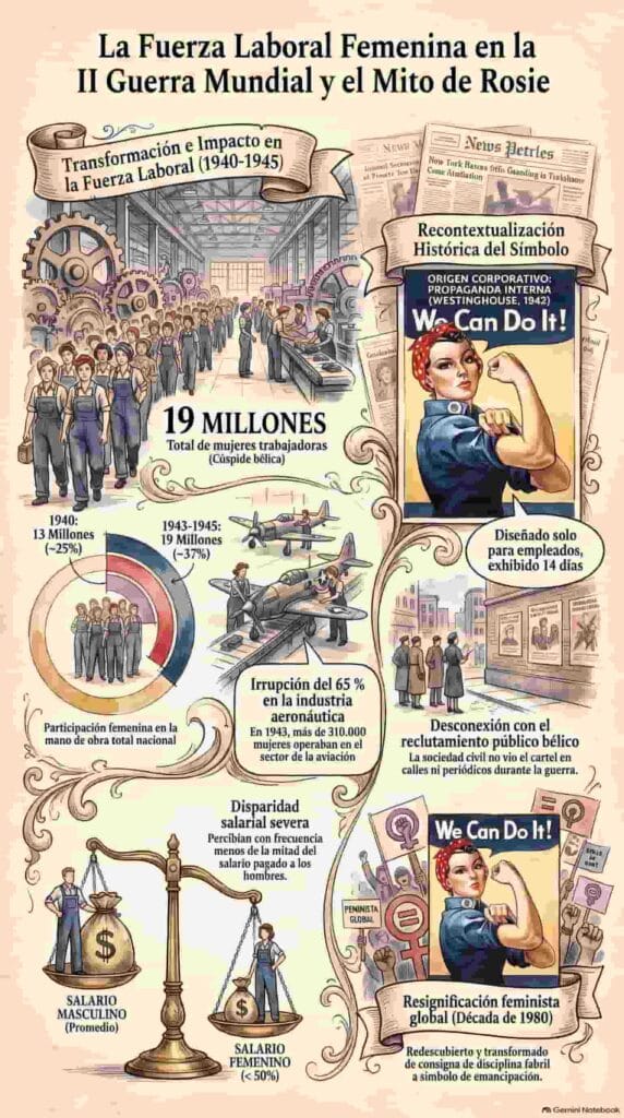 Infografía ilustrada sobre la transformación laboral femenina en la Segunda Guerra Mundial y el mito de Rosie la remachadora.