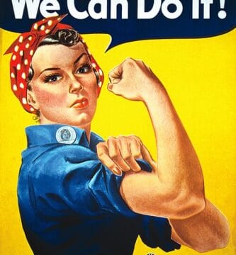 Cartel de propaganda We Can Do It con Rosie la remachadora en mono azul y pañuelo rojo sobre fondo amarillo.