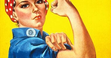 Cartel de propaganda We Can Do It con Rosie la remachadora en mono azul y pañuelo rojo sobre fondo amarillo.