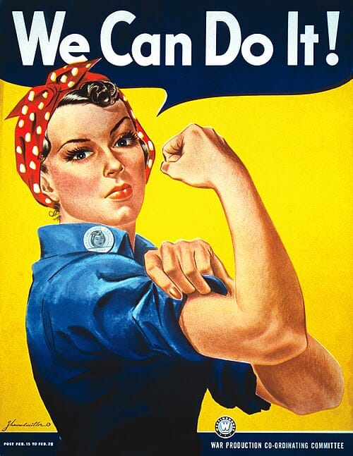 Cartel de propaganda We Can Do It con Rosie la remachadora en mono azul y pañuelo rojo sobre fondo amarillo.