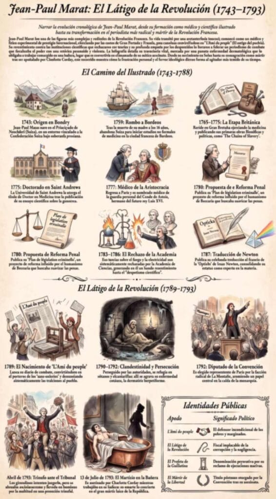 Infografía cronológica sobre Jean-Paul Marat desde sus orígenes como médico ilustrado hasta su papel como periodista y mártir revolucionario.