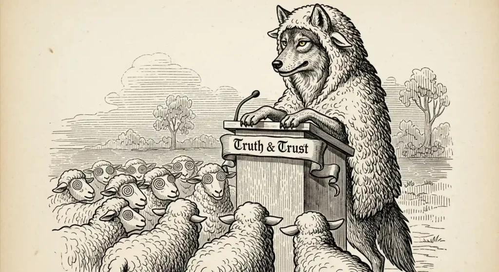 Lobo con piel de oveja dando un discurso en un atril grabado con Truth and Trust ante rebaño de ovejas hipnotizadas.Lobo con piel de oveja dando un discurso en un atril grabado con Truth and Trust ante rebaño de ovejas hipnotizadas.