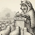 Lobo con piel de oveja dando un discurso en un atril grabado con Truth and Trust ante rebaño de ovejas hipnotizadas.Lobo con piel de oveja dando un discurso en un atril grabado con Truth and Trust ante rebaño de ovejas hipnotizadas.