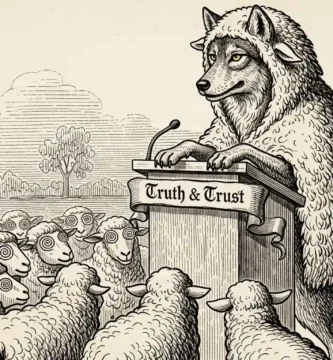 Lobo con piel de oveja dando un discurso en un atril grabado con Truth and Trust ante rebaño de ovejas hipnotizadas.Lobo con piel de oveja dando un discurso en un atril grabado con Truth and Trust ante rebaño de ovejas hipnotizadas.