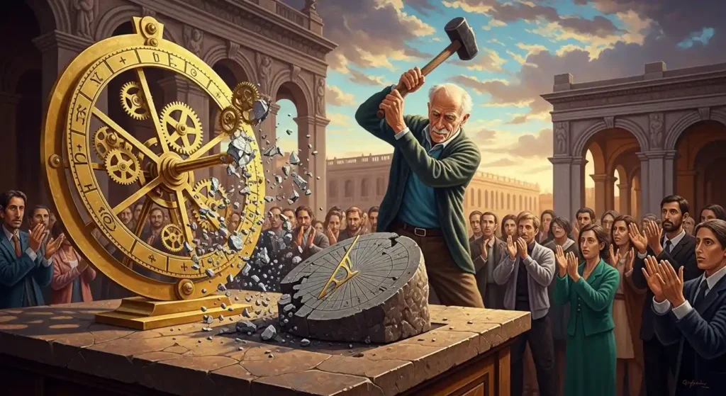 Hombre rompiendo un complejo mecanismo de engranajes con un mazo frente a un reloj de sol y una multitud que aplaude.