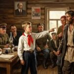 Pavlik Morózov señala con el dedo acusador a un campesino barbudo ante un tribunal militar con banderas y retratos de Lenin.