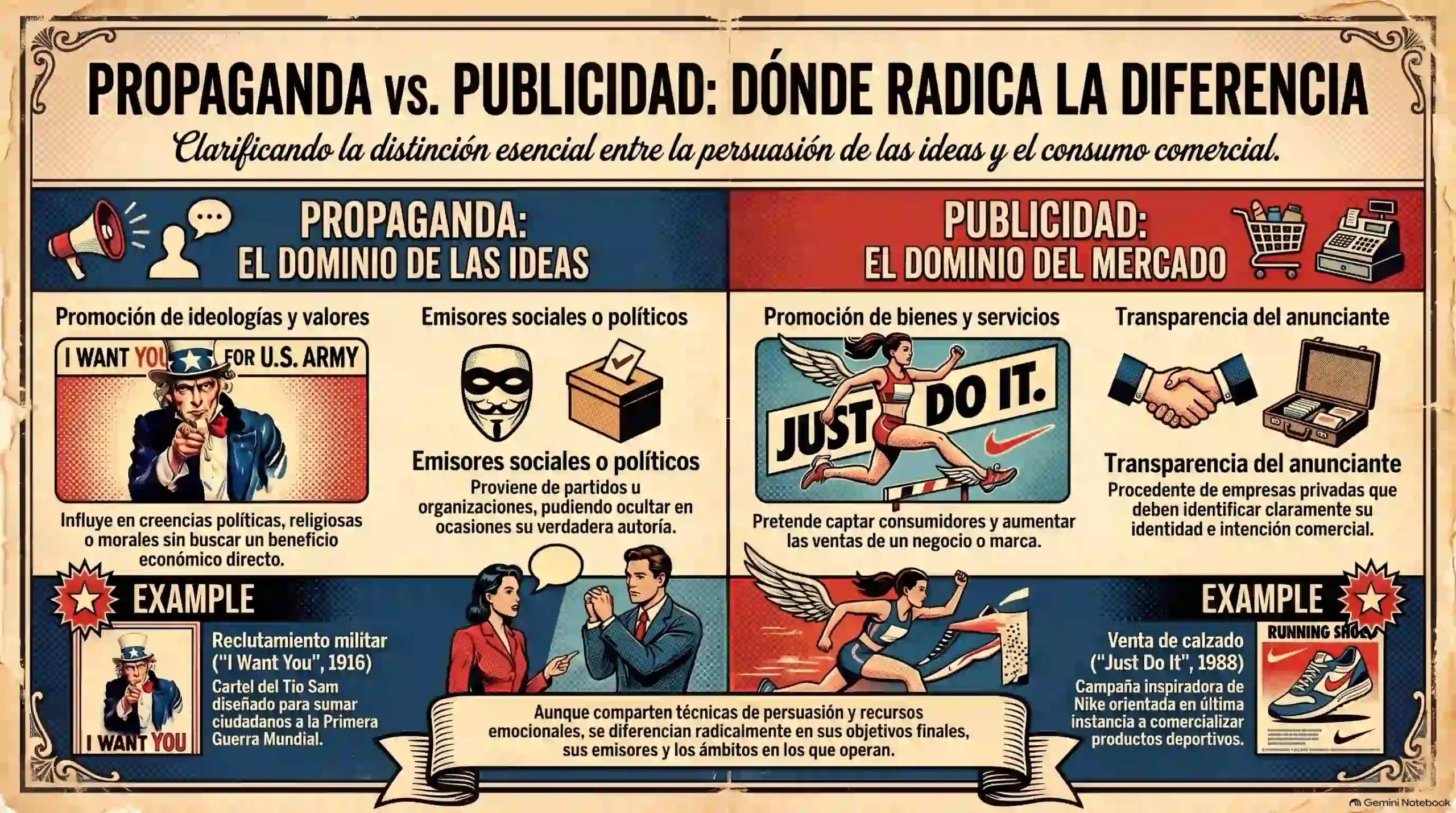 Infografía que compara la propaganda e ideologías frente a la publicidad y el mercado, usando al Tío Sam y Nike como ejemplos.