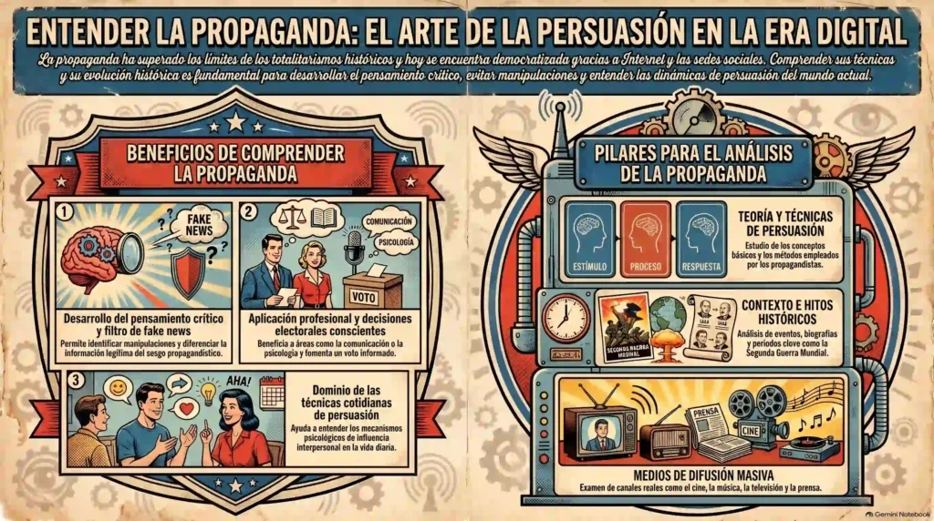 Infografía del blog Todo Propaganda sobre la propaganda en la era digital que explica beneficios de comprenderla y pilares clave de análisis.