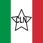 Bandera tricolor de Italia con franjas verde, blanca y roja, con una estrella negra en el centro que contiene las siglas CLN.