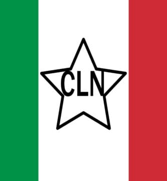 Bandera tricolor de Italia con franjas verde, blanca y roja, con una estrella negra en el centro que contiene las siglas CLN.