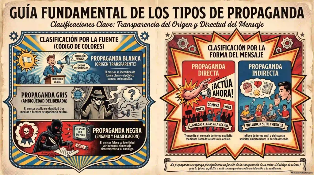 Infografía de tipos de propaganda que explica las clasificaciones según la fuente en blanca, gris y negra, y según el mensaje.
