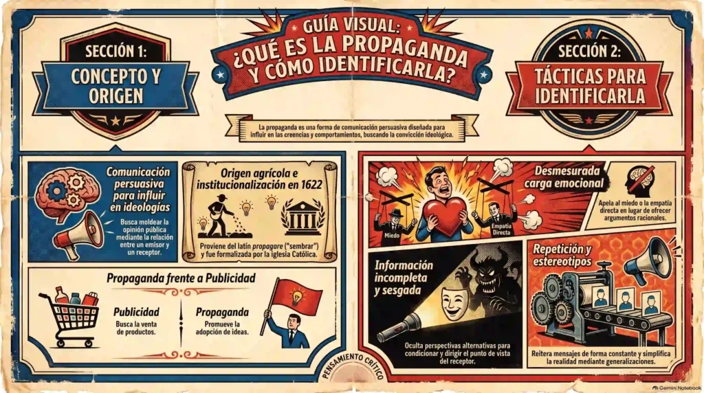 Infografía explicativa sobre qué es la propaganda, su origen en 1622, diferencias con la publicidad y tácticas para identificarla.