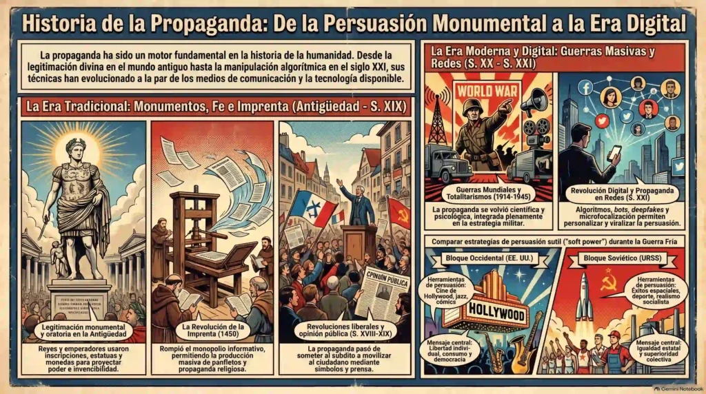 Infografía que sintetiza la historia de la propaganda desde la Antigüedad hasta la era digital con viñetas temáticas.