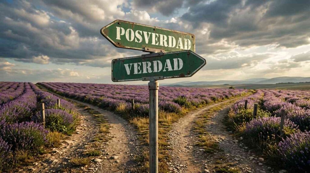 Señal de tráfico de dos direcciones con las palabras Posverdad y Verdad en un camino rural rodeado de campos de lavanda.