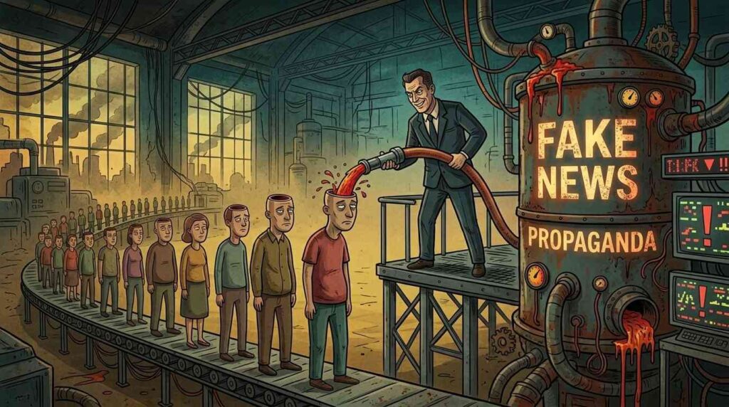 Maquinaria industrial que inyecta líquido con el texto Fake News Propaganda directamente en la cabeza de personas en fila.
