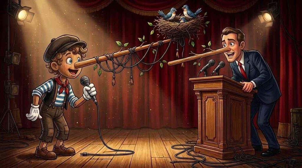 Marioneta de Pinocho en un escenario cruzando la nariz de madera con un político en un atril, ambas narices enredadas con ramas.